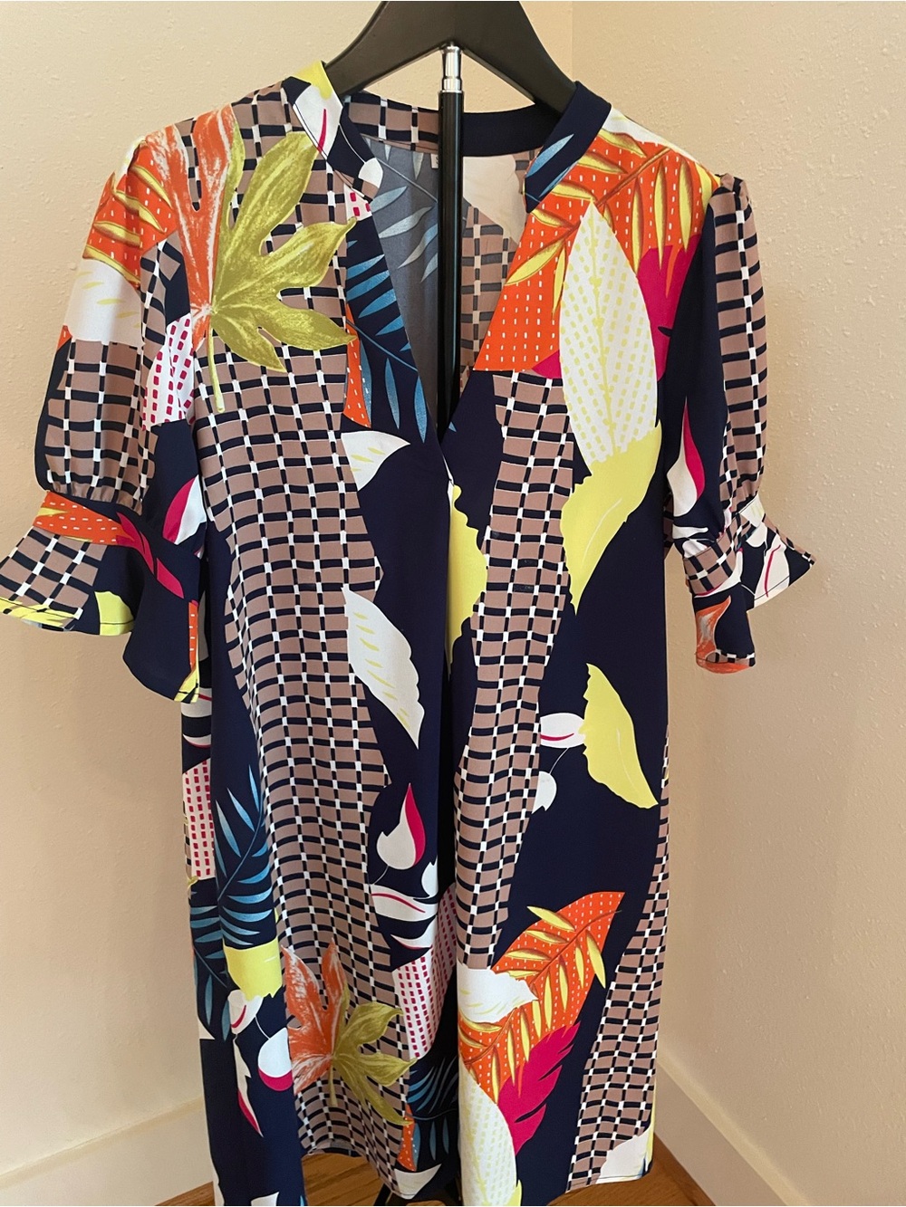 Navy Tropical Print Midi Dress with Yellow & Coral Accents